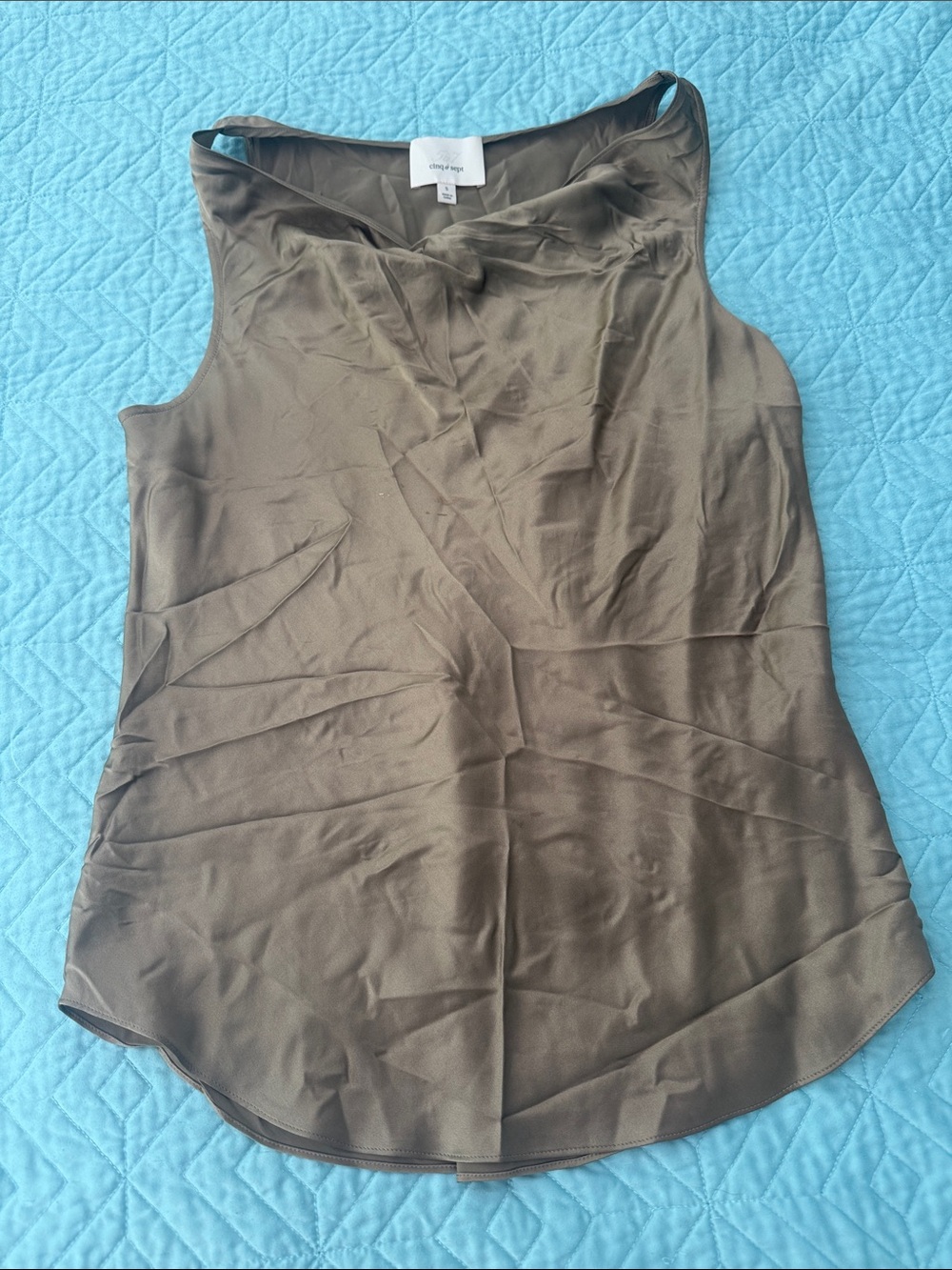 100% Silk Clinq a Sept Dark Gold color sleeves cowl neck top sz. S orig $99